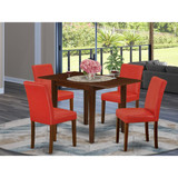 1NDAB5-MAH-72 Dinette Set 5 Pc - Four Kitchen Chairs and a Modern Dining Table - Mahogany Finish Hardwood - Firebrick Red Color Pu Leather