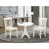 East West Furniture 3 Piece Dining Room Table Set Includes 1 Wood Dining Table and 2 Linen White Kitchen Chairs with Slatted Back - Linen White Finish