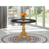 East West Furniture Dinning Table with Drop Leaves - Black Table Top and Oak Pedestal Leg Finish