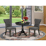East West Furniture 3 Piece Dining Set Contains 1 Dining Table and 2 Dark Gotham Grey Linen Fabric Dining Chairs Button Tufted Back with Nail Heads - Wire Brushed Black Finish