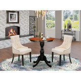 East West Furniture 3-Piece Kitchen Dining Table Set Include a Mid Century Dining Table and 2 Light Beige Linen Fabric Dining Chairs with Button Tufted Back - Black Finish