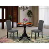 East West Furniture 3-Piece Modern Dining Set Consist of Dining Table and 2 Dark Gotham Grey Linen Fabric Parson Chairs with High Stylish Back - Black Finish