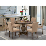 East West Furniture 7 Piece Dining Room Table Set Contains a Wooden Dining Table and 6 Light Sable Linen Fabric Kitchen Chairs with High Back - Distressed Jacobean Finish