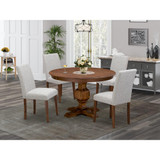 East West Furniture 5-Pc Kitchen Dining Table Set - Modern Kitchen Pedestal Table and 4 Doeskin Color Parson Chairs with High Back - Antique Walnut Finish