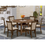 East West Furniture 7-Piece Dinner Table Set - Round Modern Dining Table and 6 Light Tan Color Parson Wood Dining Chairs with High Back - Antique Walnut Finish