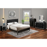 East West Furniture 5-PC Nella Bedroom Set with a Button Tufted King Bed, Drawer Dresser, Mirror Bedroom, Chest of Drawers and a Night Stand - Black Leather Head board and Black Legs