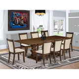 East West Furniture 9-Pcs Kitchen Table Set - 1 Rectangular Dining Table with Double Pedestal and 8 Light Beige Linen Fabric Modern Dining Chairs with Stylish Back - Antique Walnut Finish