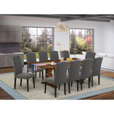 East West Furniture 11-Pieces Modern Dining Set - A Butterfly Leaf Double Pedestal Table and 10 Dark Gotham Grey Linen Fabric Dining Chairs with High Back - Antique Walnut Finish