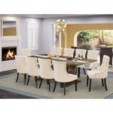 East West Furniture 11-Piece Modern Dining Set Consists of a Dining Room Table and 10 Light Beige Linen Fabric Dining Chairs with Button Tufted Back - Distressed Jacobean Finish