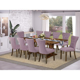 East West Furniture 11-Pc Dining Table Set - A Butterfly Leaf Double Pedestal Kitchen Table and 10 Dahlia Linen Fabric Modern Chairs with Button Tufted Back - Antique Walnut Finish