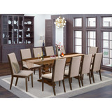East West Furniture 11-Pieces Dining Set - A Butterfly Leaf Double Pedestal Dinner Table and 10 Light Tan Linen Fabric Upholstered Dining Chairs with High Back - Antique Walnut Finish