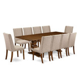 East West Furniture 11-Pieces Dining Set - A Butterfly Leaf Double Pedestal Dining Table and 10 Light Tan Linen Fabric Dining Chairs with Stylish High Back - Antique Walnut Finish