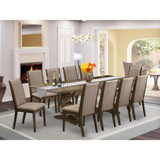 East West Furniture 11-Pc Dining Set Includes a Wooden Dining Table and 10 Dark Khaki Linen Fabric Parson Dining Chairs with High Back - Distressed Jacobean Finish