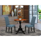 East West Furniture 3-Piece Dining Room Table Set Consist of Dining Table and 2 Blue Linen Fabric Upholstered Chairs with Button Tufted Back - Black Finish