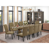 East West Furniture 11-Piece Table Set Contains a Wooden Table and 10 Light Sable Linen Fabric Mid Century Dining Chairs with Button Tufted Back - Distressed Jacobean Finish