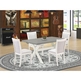East West Furniture 5-Piece Modern Dining Table Set Includes a Mid Century Dining Table and 4 Cream Linen Fabric Dinning Room Chairs with Stylish Back - Wire Brushed Linen White Finish