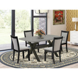 East West Furniture 5 Piece Dining Set - Cement Top Mid Century Modern Dining Table with Trestle Base and 4 Shitake Linen Fabric Kitchen Chairs - Wire Brushed Black Finish