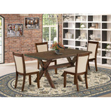 East West Furniture 5-Pc Dining Room Table Set Includes a Wooden Table and 4 Light Beige Linen Fabric Upholstered Chairs with Stylish Back - Distressed Jacobean Finish
