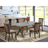 East West Furniture 5 Piece Innovative Dinning Room Set - A Cement Top Wooden Dining Table with Trestle Base and 4 Coffee Linen Fabric Rustic Dining Chairs - Distressed Jacobean Finish