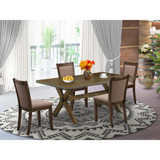 East West Furniture 5 Piece Dinning Table Set - A Distressed Jacobean Top Dining Table with Trestle Base and 4 Coffee Linen Fabric Rustic Dining Chairs - Distressed Jacobean Finish