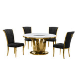 5pc White marble round dining set with gold base and 4 Black side chairs