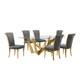 7pc Small(78") glass dining set with gold base and 6 Dark grey side chairs