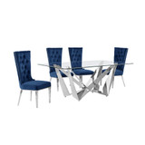 5pc Small(78") glass dining set with silver base and 4 Navy blue side chairs