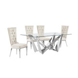 5pc Small(78") glass dining set with silver base and 4 Cream side chairs