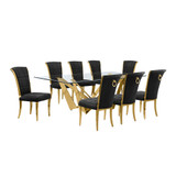 9pc Large(94") glass top dining set with gold base and 8 Black side chairs