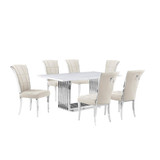 7pc Small(68") marble top dining set with silver base and 6 Cream side chairs
