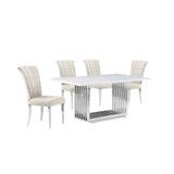 5pc Small(68") marble top dining set with silver base and 4 Cream side chairs