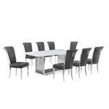 9pc Large(79") marble top dining set with silver base and 8 Dark grey chairs