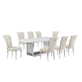 9pc Large(79") marble top dining set with silver base and 8 cream side chairs