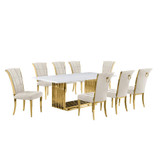9pc Large(79") marble top dining set with gold base and 8 Cream side chairs