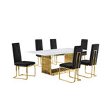 7pc Large(79") marble top dining set with gold base and 6 Black side chairs