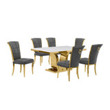 7pc Small(66") marble top dining set with gold base and 6 Dark grey side chairs
