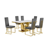 7pc Small(66") marble stop dining set with gold base and 6 Dark grey chairs