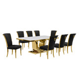 9pc Large(78") marble top dining set with gold base and 8 Black side chairs