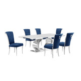7pc Large (87") marble top dining set with silver base and 6 Navy blue chairs