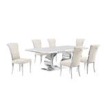 7pc Large (87") marble top dining set with silver base and 6 Cream side chairs