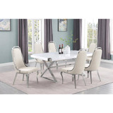 7pc Small(78") white wood top dining set with silver base and 6 side chairs