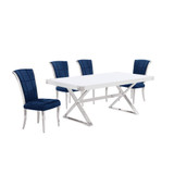 5pc Small(78") white wood top dining set with silver base and 4 chairs