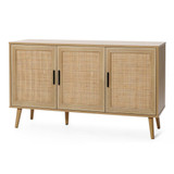 47.2" Wide 3-Door Rattan Light Oak Finish Wood Sideboard Cabinet