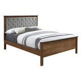 Farmhouse Gray Upholstered Queen Platform Bed Headboard and Wood Footboard Set