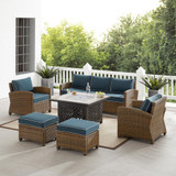 Bradenton 6Pc Outdoor Wicker Sofa Set W/Fire Table Navy/Weathered Brown - Tucson Fire Table, Sofa, 2 Armchairs & 2 Ottomans