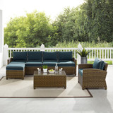 Bradenton 5Pc Outdoor Wicker Sectional Set Navy /Weathered Brown - Left Loveseat, Right Loveseat, Armchair, Coffee Table, & Ottoman