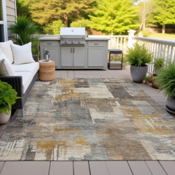 9' X 12' Abstract Washable Indoor Outdoor Area Rug Brown Beige and Charcoal Stylish Abstract Design