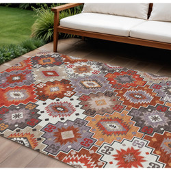 9' X 12' Rust Lavender and Ivory Southwestern Style Washable Indoor Outdoor Area Rug