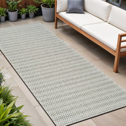8' Cream and Beige Geometric Distressed Indoor/Outdoor Runner Rug