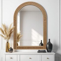 Arched Rattan Wall Mirror, 25.5 x 37.4 Inch Farmhouse Vanity Mirror, Boho Mirror